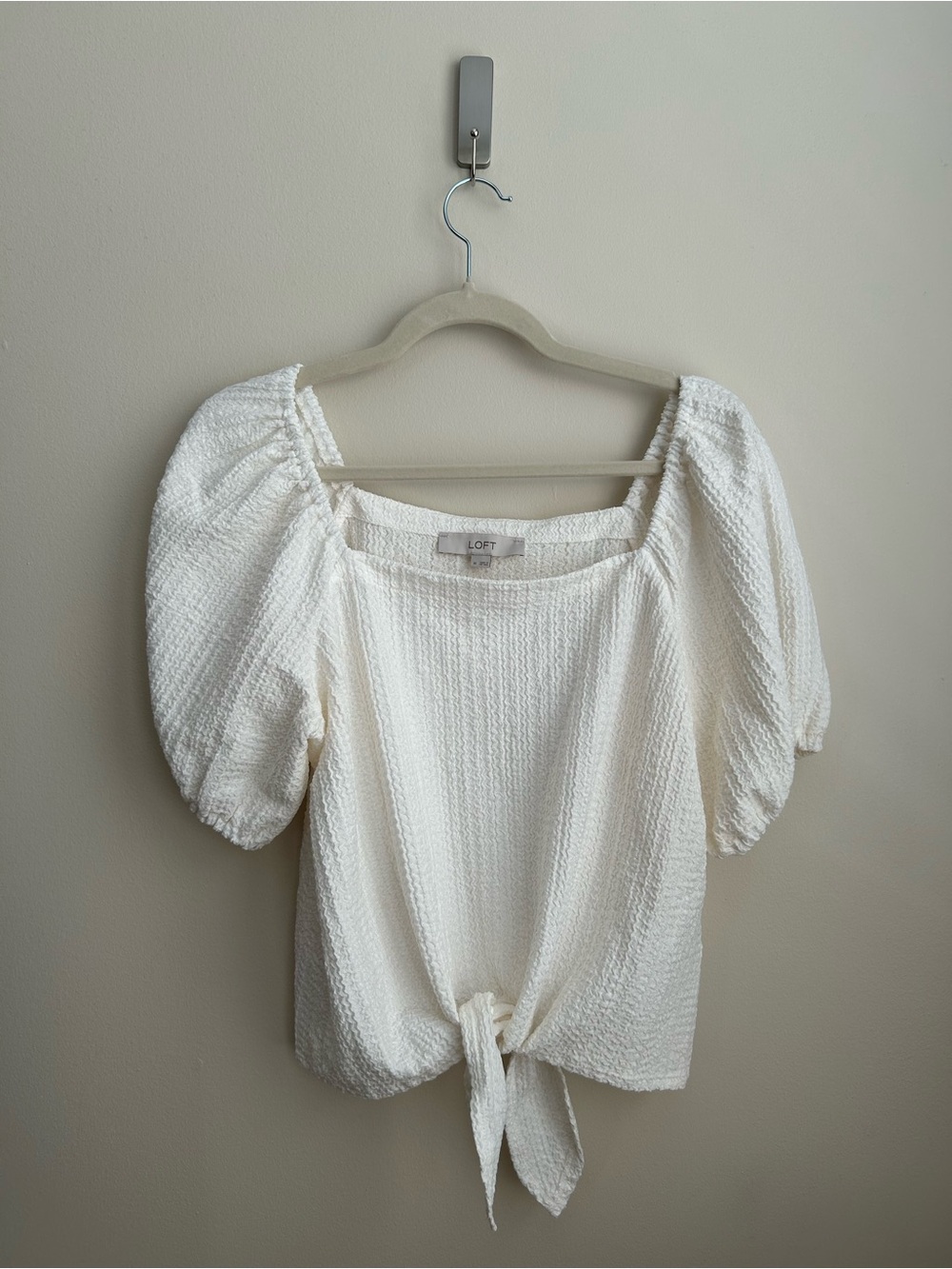 LOFT Cream Textured Puff-Sleeve Tie-Front Blouse